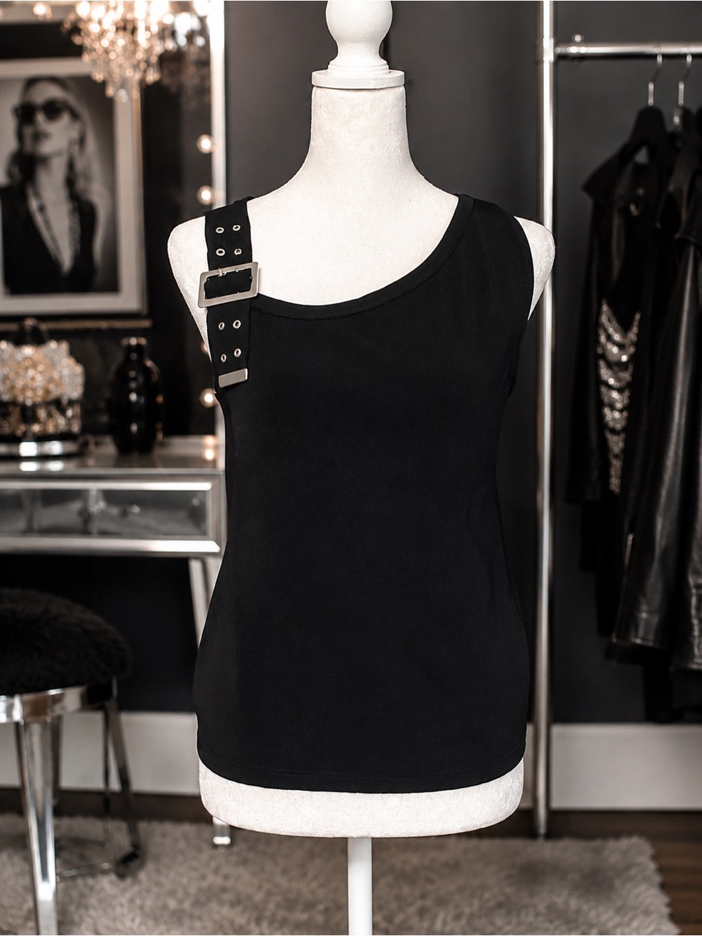 Joseph A One-Shoulder Black Tank with Buckle Strap